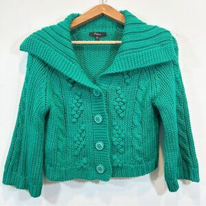 Express Teal Green Cable Knit Cropped 3/4 Sleeve Cardigan Size M Preppy Bohemian